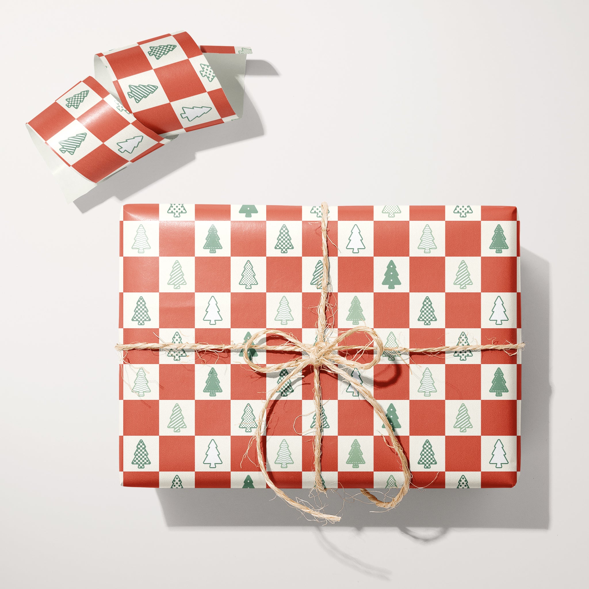 Cookie Cutter Trees Checkered Wrapping Paper