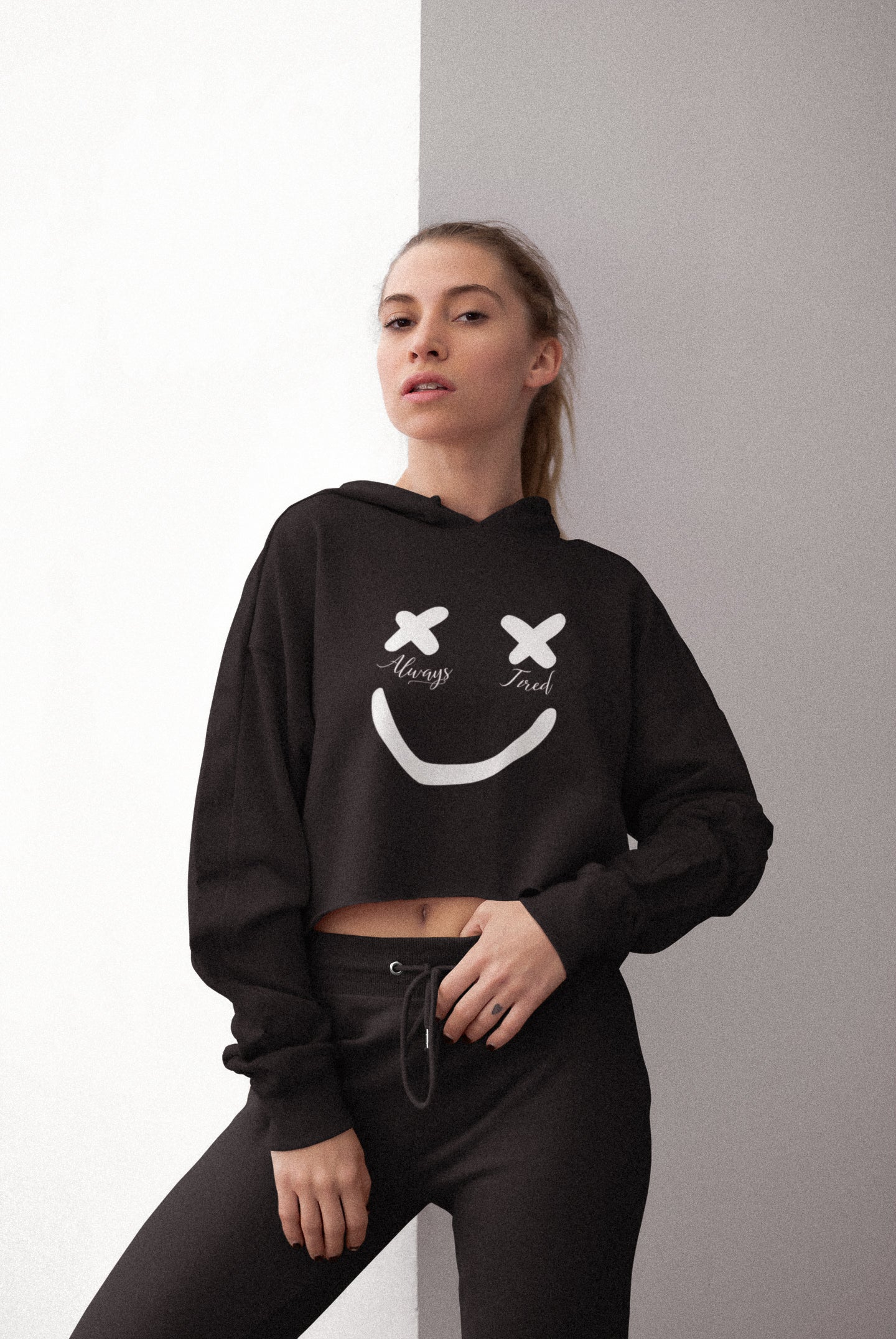 Always Tired Smile Crop Hoodie